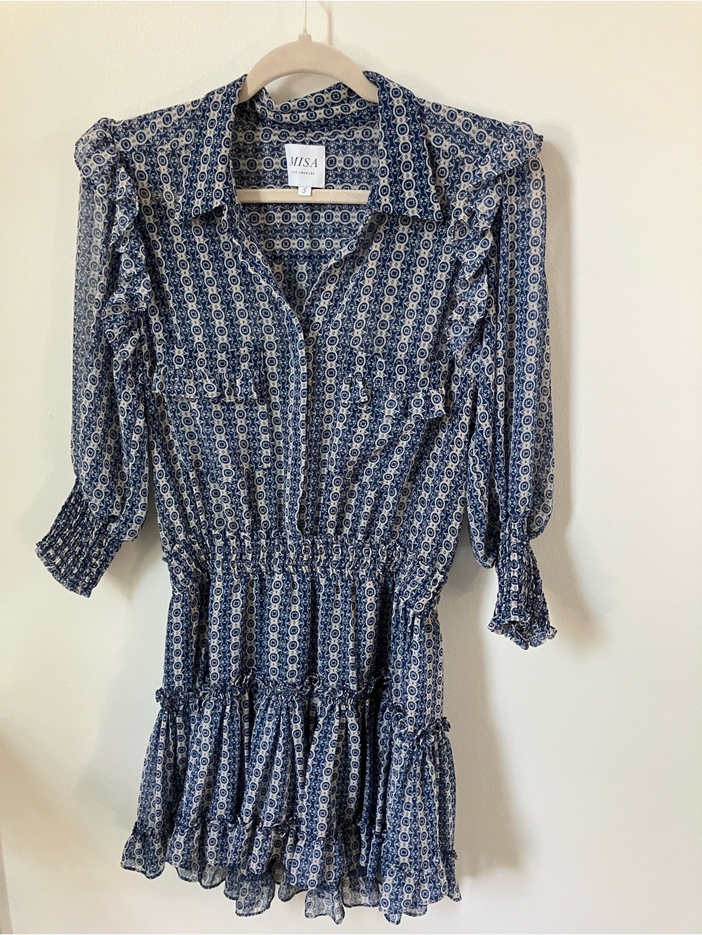 MISA Los Angeles Lillian Ruffle Mini Shirtdress Navy Blue Circle Print Size S